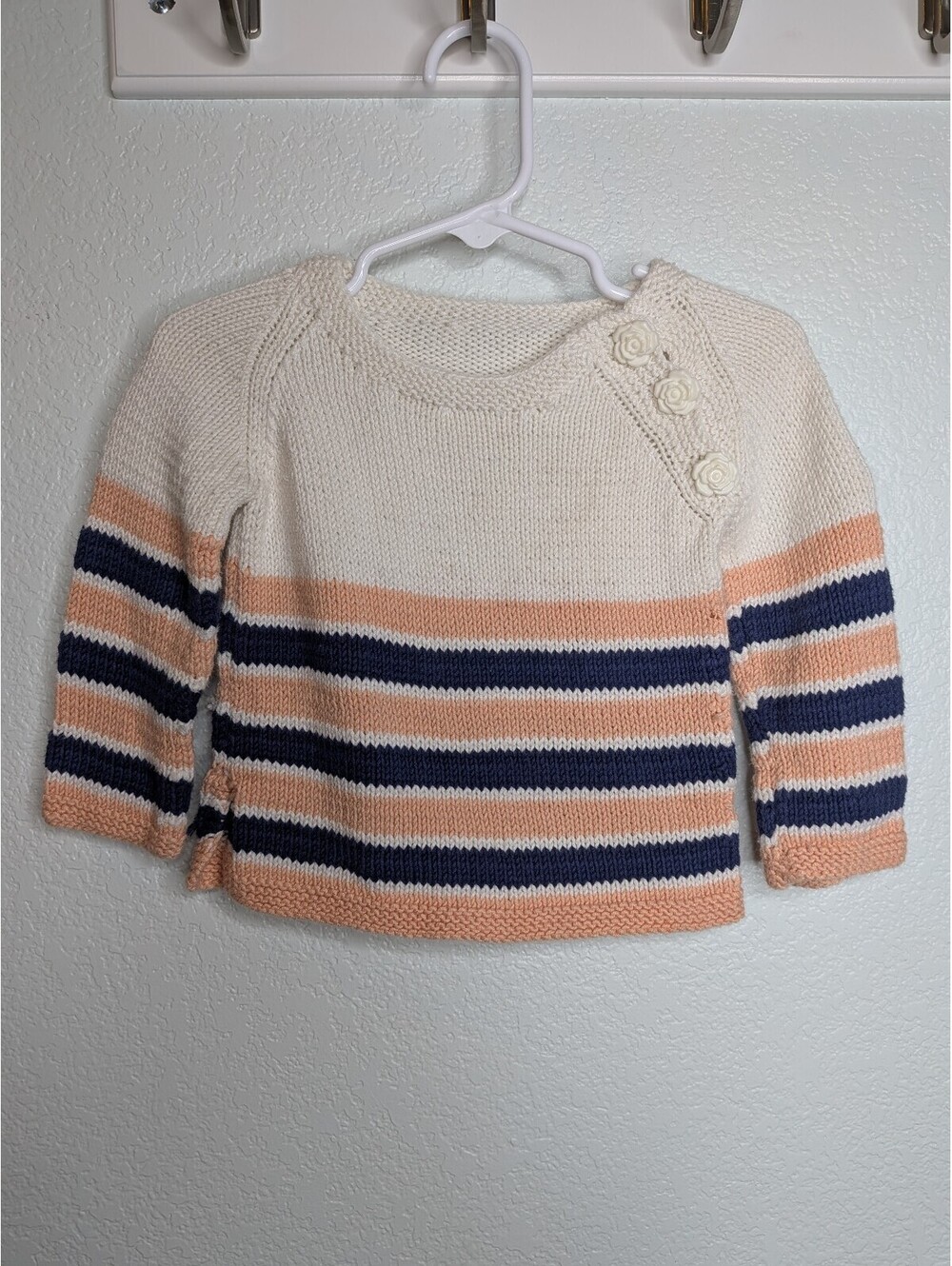 Hand knit cotton cream and peach striped sweater 3-6mo